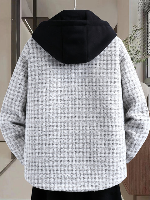 Plaid coat men's autumn and winter velvet thickening trendy brand three-piece jacket men's hooded casual winter warm cotton clothing