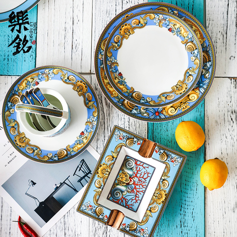 High - end 60 skull porcelain tableware suit household European imperial up dishes chopsticks dishes porcelain enamel suit