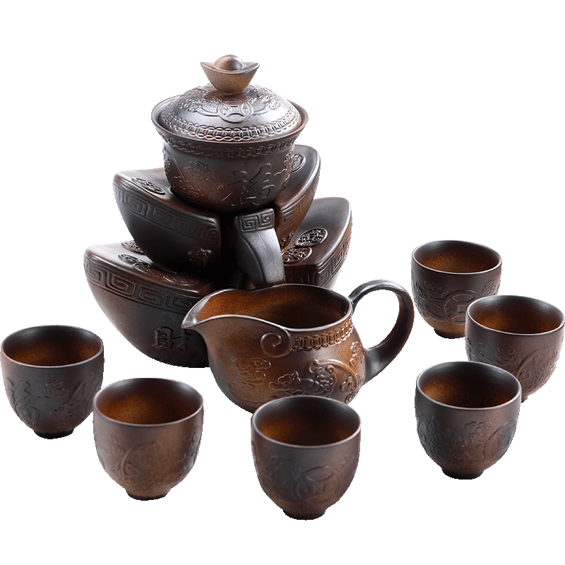 Porcelain ceramic stone mill god half automatic tea sets, black pottery teacup kung fu tea home tea restoring ancient ways