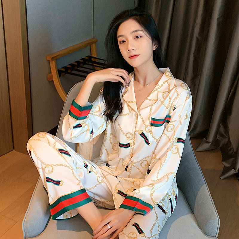Sleepwear Lady Spring Autumn Long Sleeve Ice Silk Sexy Korean Version Student Cartoon Suit Women's Summer Sweet Meme Thin and Home Clothing