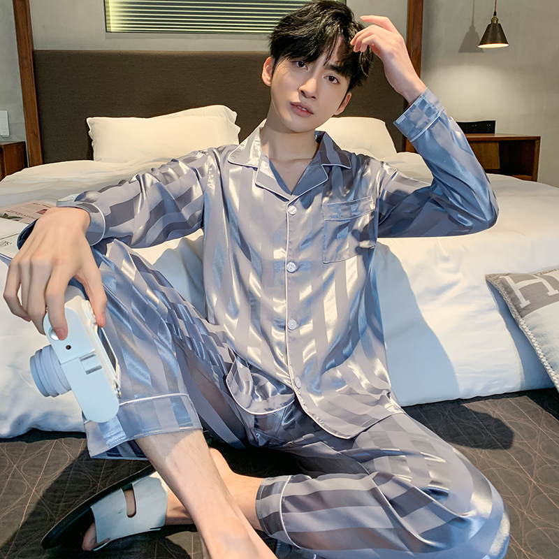Spring and Autumn Men's Pajamas, Ice Silk Thin Long-Sleeve Long Pants, 2026 New Summer Men's Set, Home Wear, Plus Size