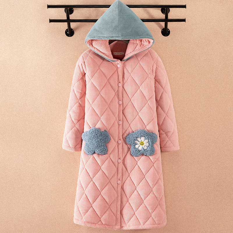 Sleeping robe women's winter coral suede bunk cotton pyjamas triple thickened and velvety long sleeve sweet and beautiful bathrobe warm bath clothes