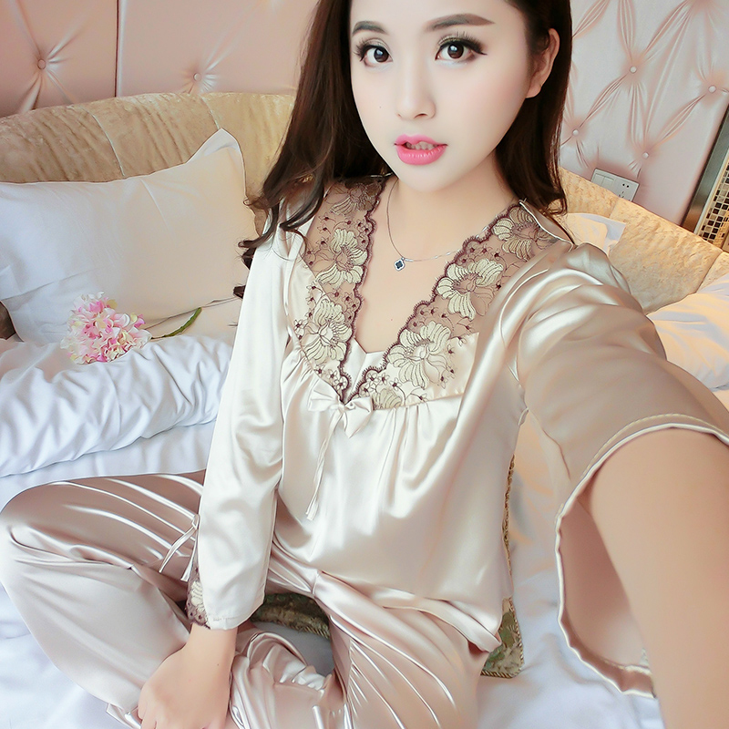 Sleepwear Lady Spring Autumn Sexy Long Sleeves Long Pants Ice Silk Silk Two Style Suit Lace Lady Spring Summer Home Conserved Big Size