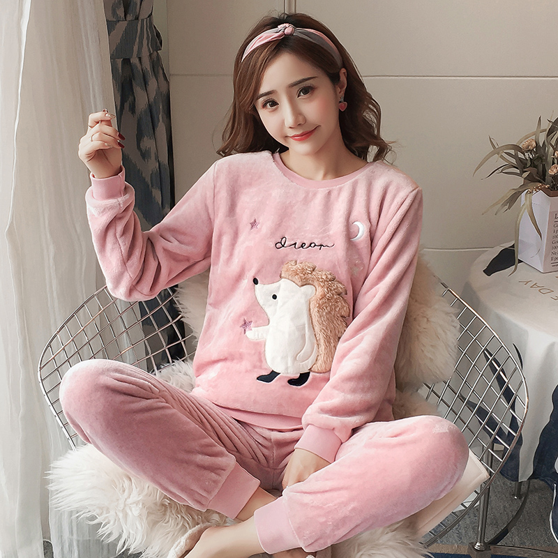 Coral fleece pajamas women's autumn and winter padded warm ladies Korean version of leisure and comfortable winter flannel home clothing set