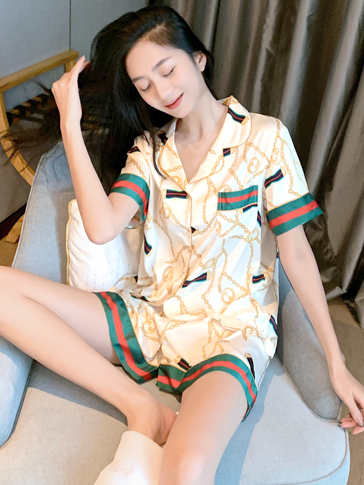 Pajamas women's summer short-sleeved cute ice silk suit summer sweet women's thin home dress Korean version large size
