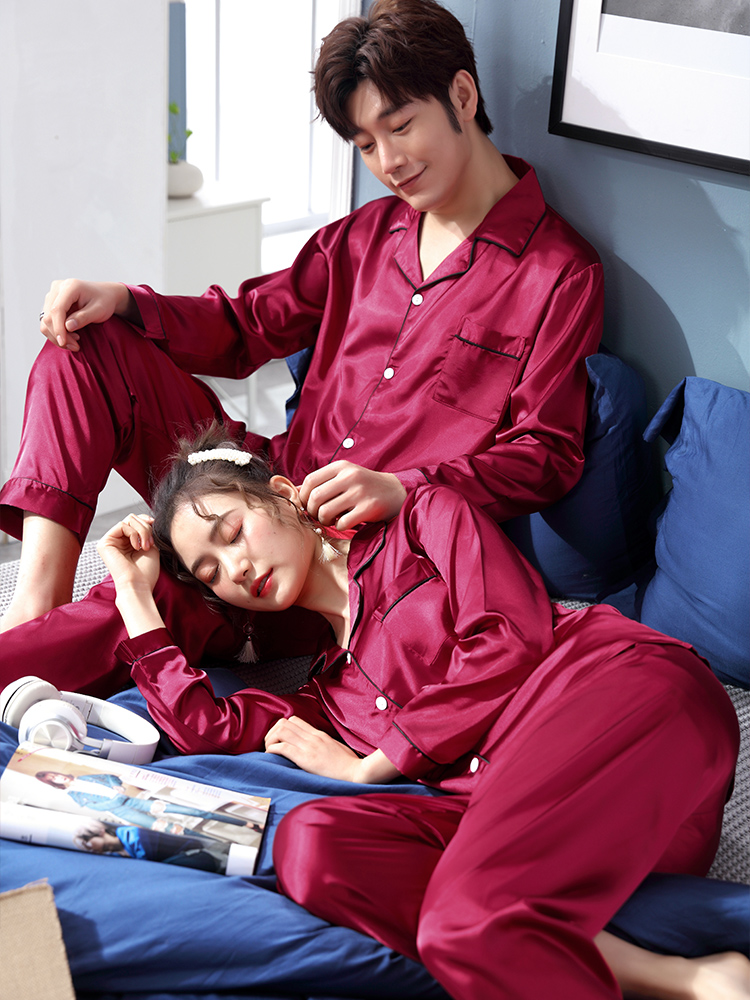 Couple pajamas spring and autumn long sleeve simulation silk men's and women's suits Korean version of home clothes sexy wedding festive thin section
