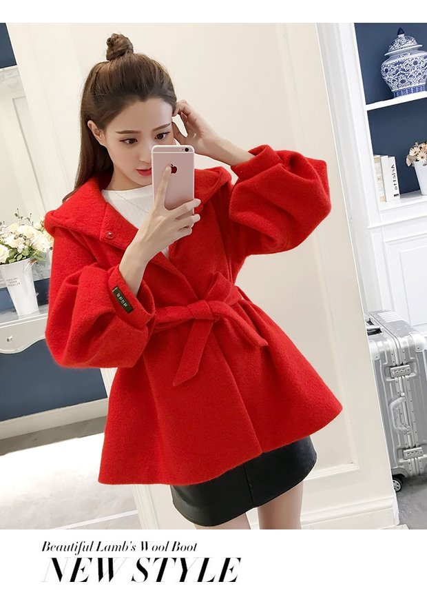 Áo khoác len nữ 2018 thu đông mới phiên bản Hàn Quốc của áo nỉ mỏng có thắt lưng màu đỏ Nizi tay áo lồng đèn áo măng tô burberry nữ
