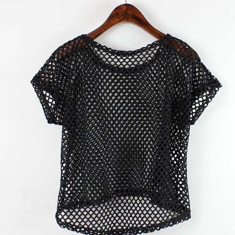 Summer New Korean Style Black Large Mesh Short-Sleeved T-Shirt Top Pullover Loose Lace Fishnet Hollow Blouse for Women