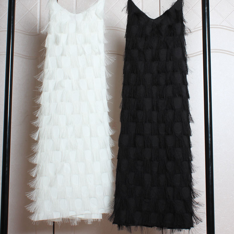 Summer New Style Sleeveless Elegant Chiffon V Neck Lace Sexy Tassel Feather Suspender Dress for Women to Wear Outside