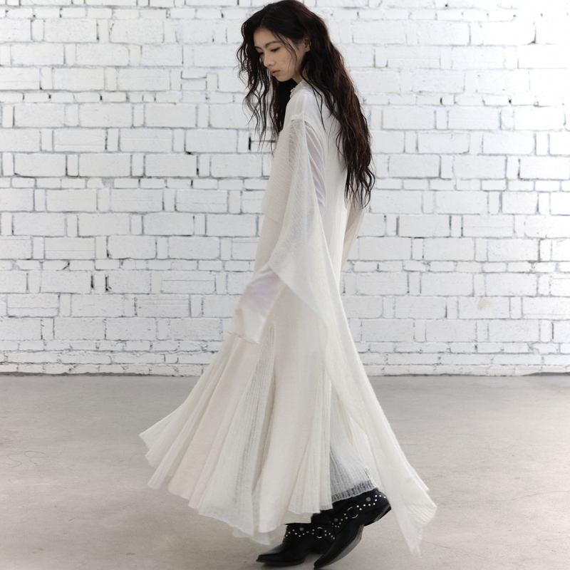 Changguang Yuanzi Original Alpaca Wool Shawl Insert Vest Dress Mesh High Collar Patchwork Dress Two-Piece Set