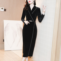 Light luxury dress celebrity temperament 2020 autumn and winter New Western dress collar slim long sleeve long skirt black high end skirt