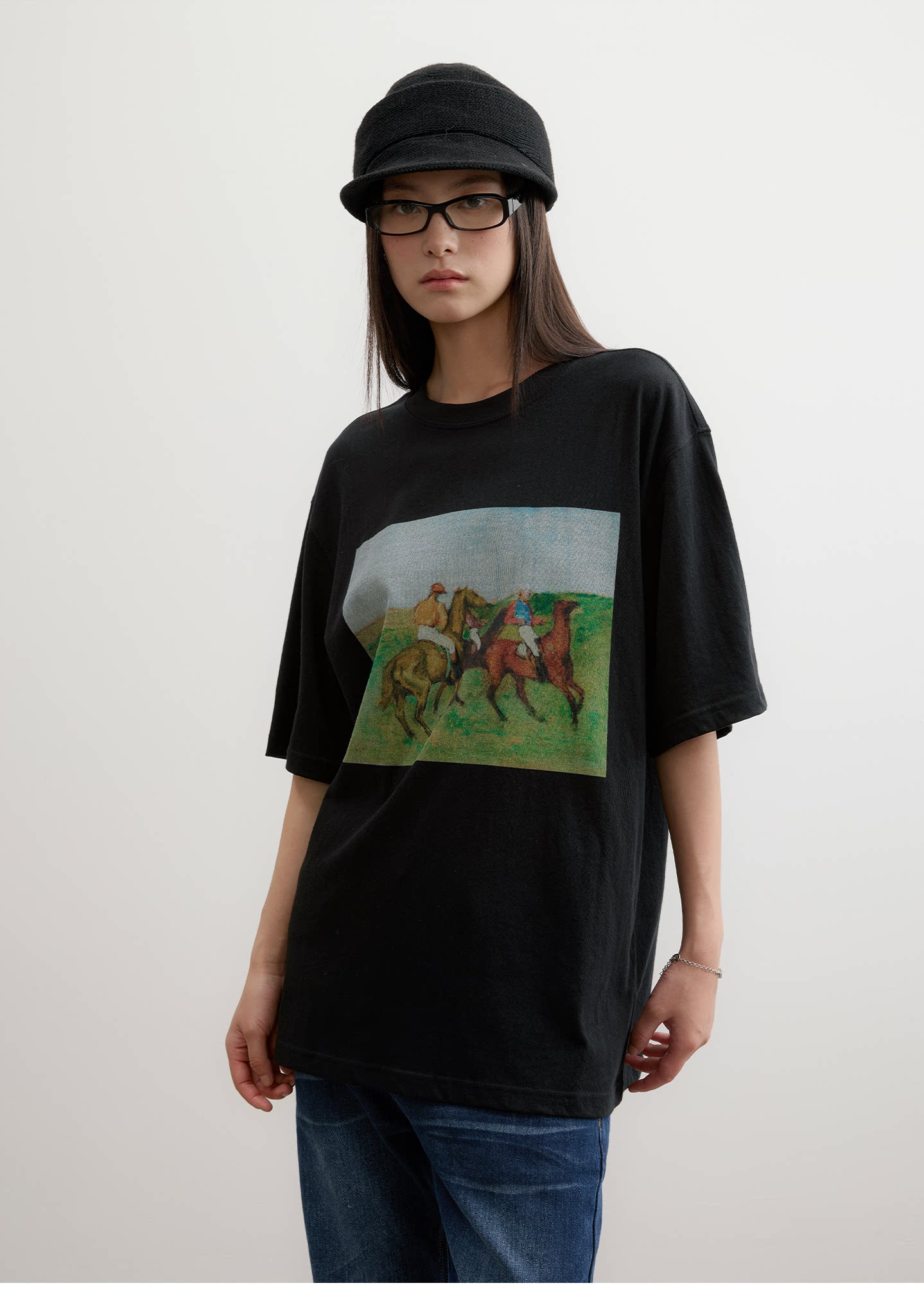 FUNKYFUN Vintage Equestrian Crayon Print Oversized Tee