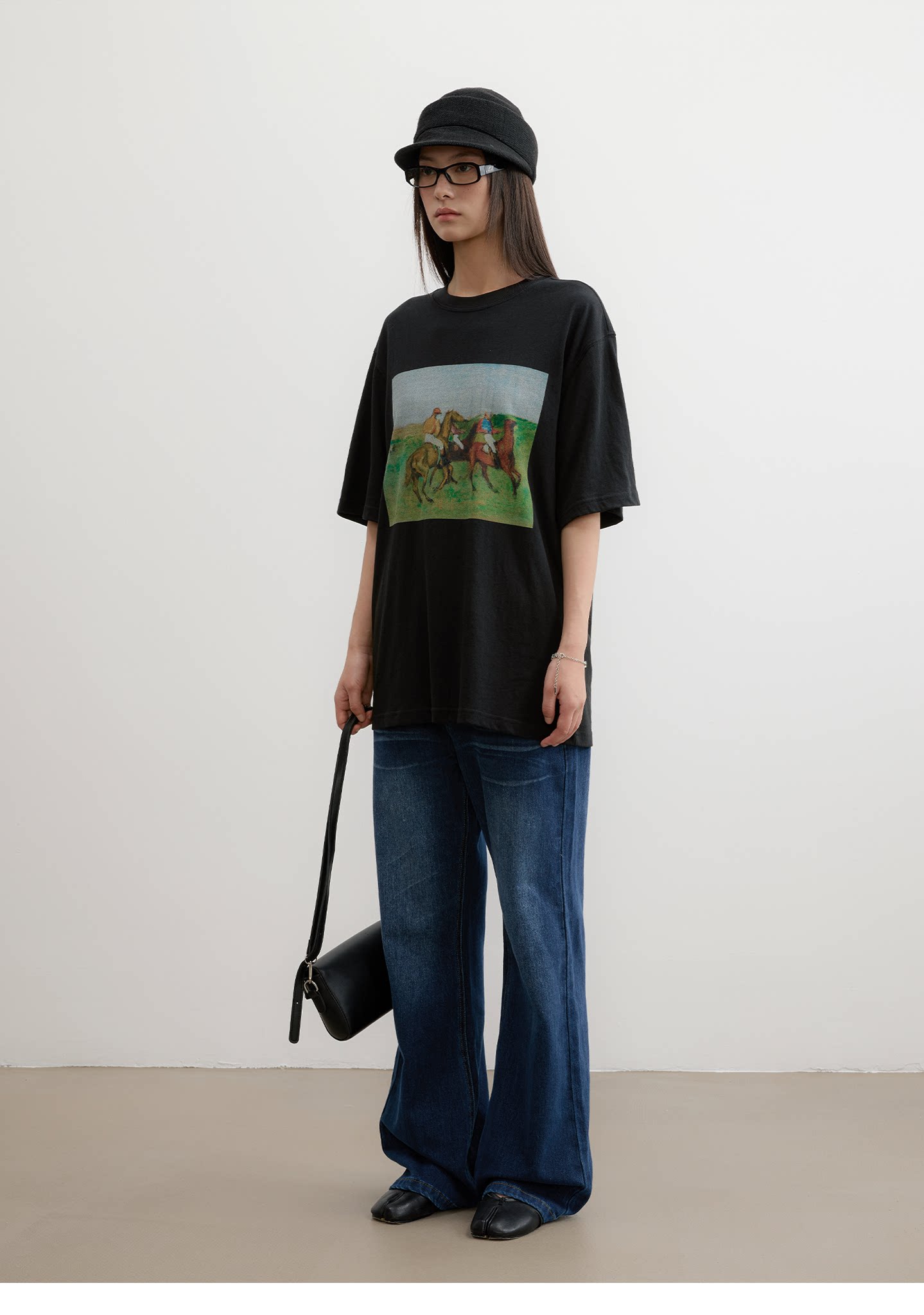 FUNKYFUN Vintage Equestrian Crayon Print Oversized Tee