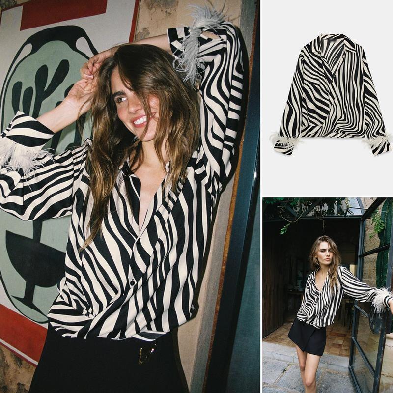 Qinchuan 26 Summer Button Closure Feather Trim Long Sleeve V-Neck Animal Print Shirt 3222195 Qinchuan 26 Summer Button Closure Feather Trim Long Sleeve V-Neck Animal Print Shirt 3222195