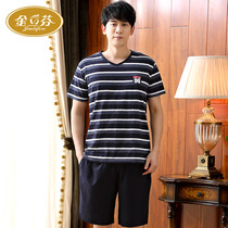 Can wear pajamas mens summer cotton short-sleeved home wear mens large size thin striped mens home set