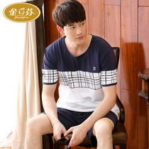 Mens pajamas summer short sleeve round neck plaid cotton thin young mens cotton home suit suit can be worn outside