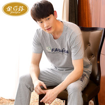 Pajamas mens summer cotton short-sleeved trousers cotton plus size thin section sports spring and summer home wear suit can be worn outside