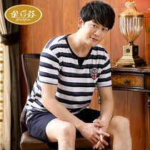 Pajamas mens summer cotton short-sleeved home wear summer thin casual stripes plus size set can be worn outside