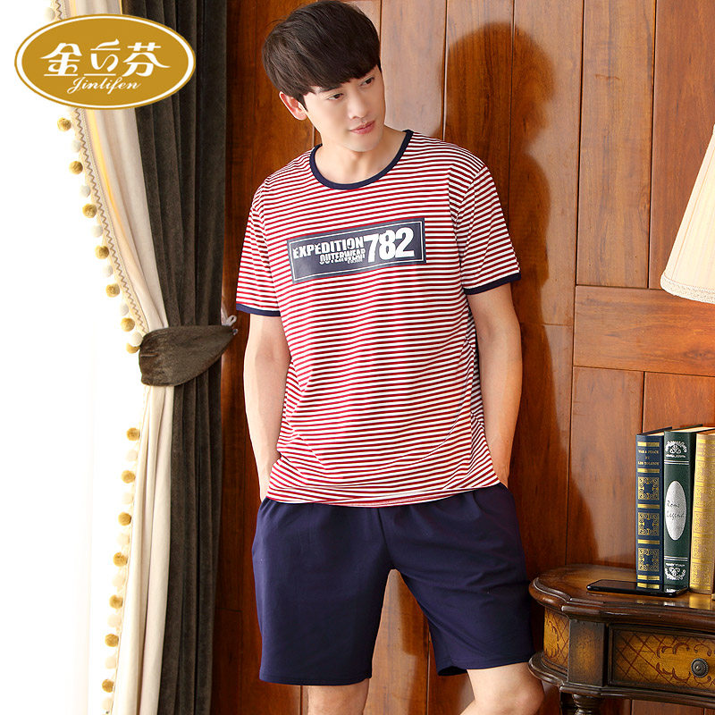 Wear pajamas men's summer cotton short sleeve thin plus size men's stripes summer home suit