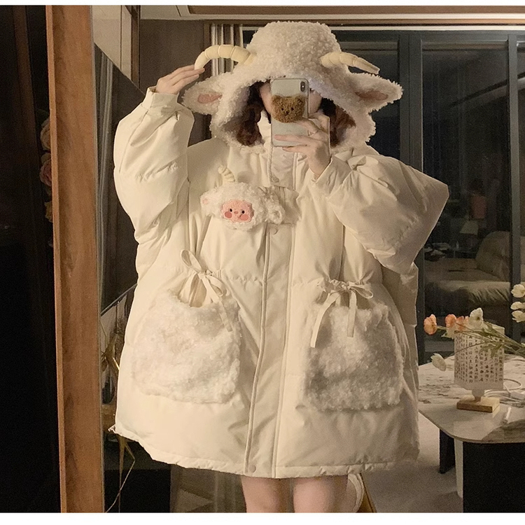 Sweet and Cute down Jacket for Women, Winter Mid-Length Cotton Coat, Petite Design, Thickened Cotton-Padded Jacket with Horn-Shaped Details for Students Sweet and Cute down Jacket for Women, Winter Mid-Length Cotton Coat, Petite Design, Thickened Cotton-Padded Jacket with Horn-Shaped Details for Students