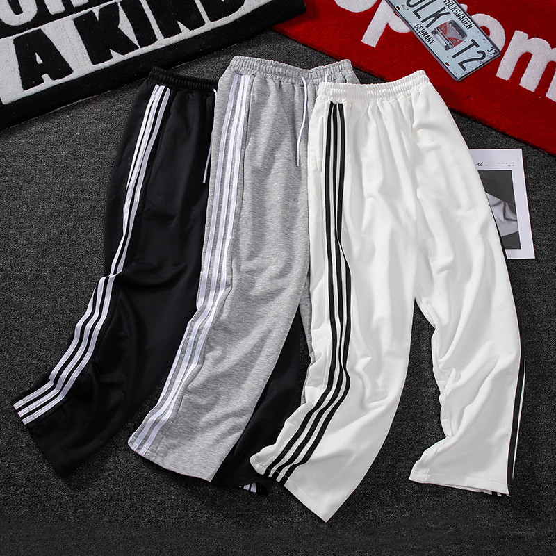 Three-Stripe Trendy Pants for Men, Spring and Autumn Style, Casual Versatile Drawstring American Street Style Straight-Leg Striped Sports Trousers
