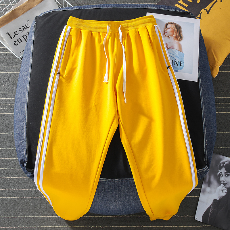 2026 New Retro Three-Stripe Yellow Pants for Men, Summer Slim-Fit Casual Pure Cotton Jogger Sports Pants for Spring and Autumn