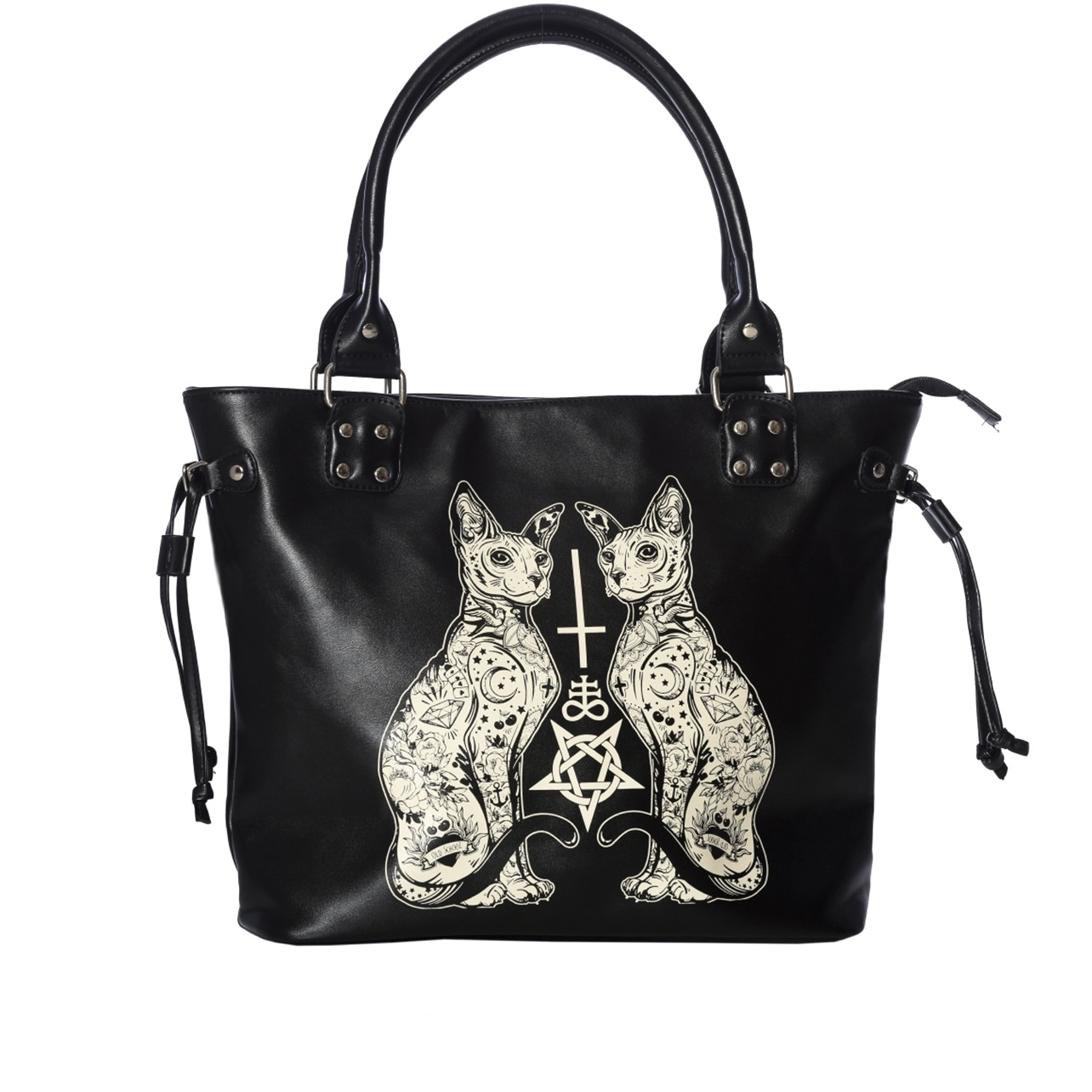 European-style dark gothic bag/handbag/tote bag with tattoo, hairless cat, and pentagram design.