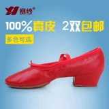 赛纱真皮芭蕾舞鞋带跟教师鞋软底帆布女舞鞋中跟民族舞鞋女练功鞋