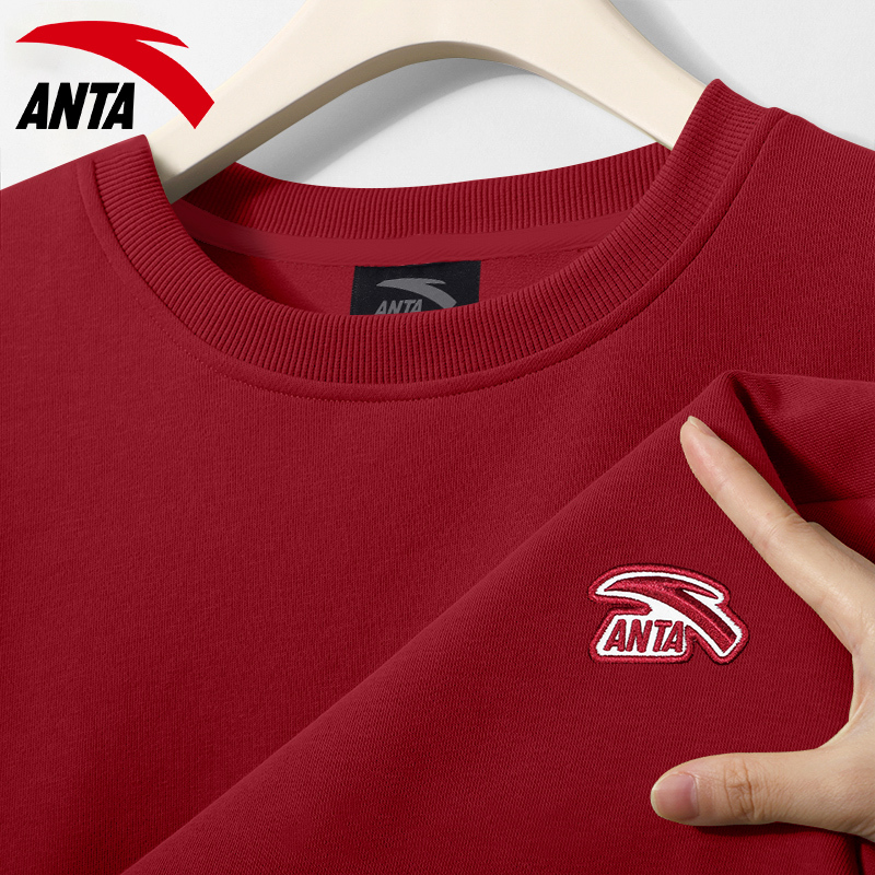 Anta Red Sweatshirt for Men, Autumn and Winter, Round Neck, Zodiac Year Couple Style, Loose Pullover, Casual Sports Long-Sleeve Top