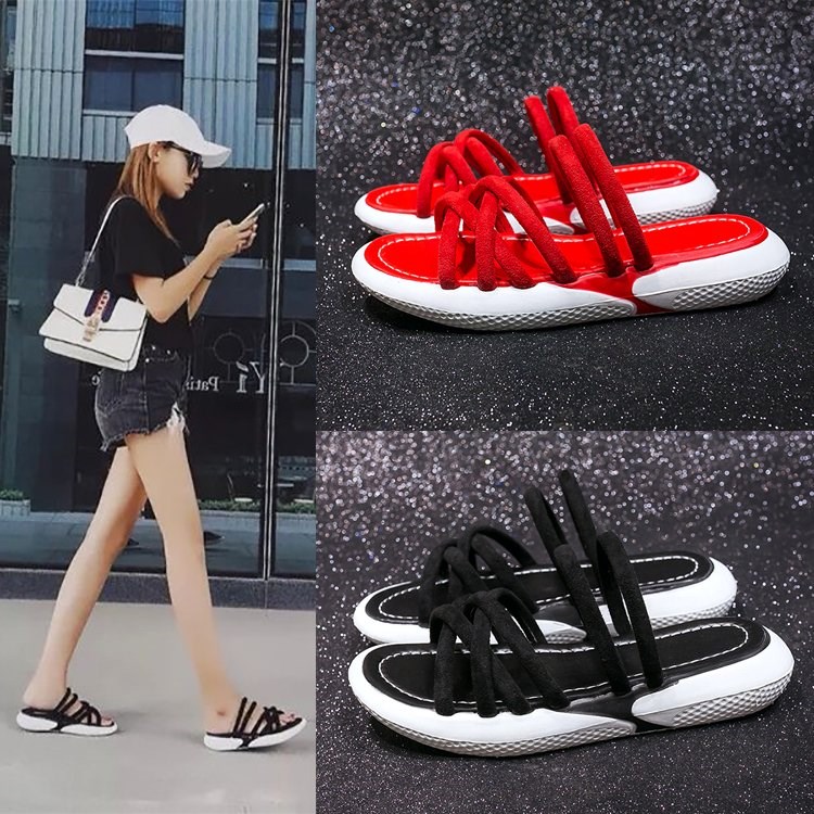 Slippers women wear fashion outside the summer 2019 new Korean version of the wild flat bottom thick bottom two wear sports net red with the same cool drag