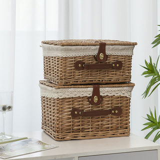 Liu Ruixuan Storage Basket, Rattan Woven, Large Covered Portable Storage Box for Toys and Snacks, Wicker Picnic Basket