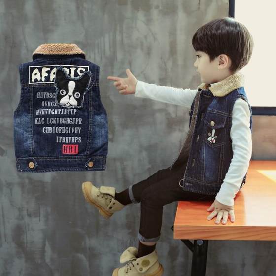 Spring and Autumn New 2023 Boys' Velvet Thickened Denim Vest Children's Waistcoat Baby Cotton Vest Jacket Korean Style Trendy