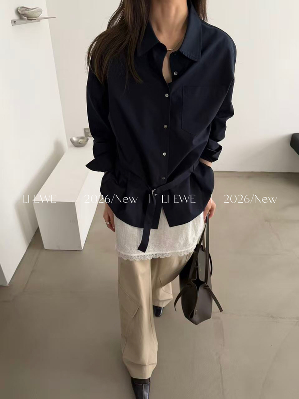 Li Ewe Commuting Lapel Waist-Tightening Mid-Length ins Shirt Dress Top