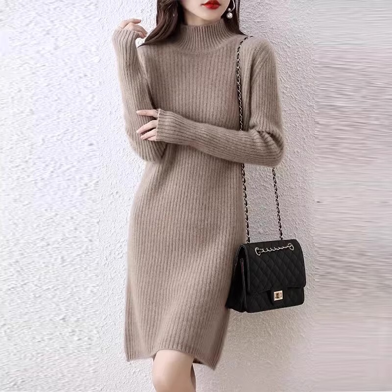 Autumn and Winter Mid-Length Half-Turtleneck Knitted Dress for Women 2026 New Style Loose Slimming Sweater Dress Versatile Base Dress