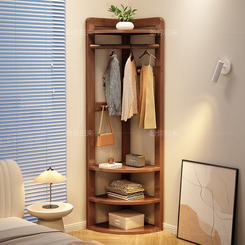 Solid Wood Floor-Standing Coat Rack for Home Use, Wall-Mounted Corner Clothes Rack, Simple Multi-Layer Clothing Storage Rack for Small Apartments