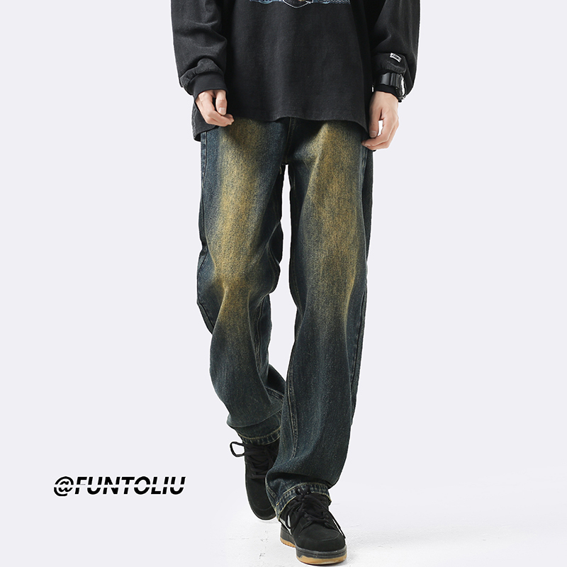 Vintage Men's Jeans for Spring and Autumn, American Style Trendy Brand, Loose Fit, Yellow Mud-Dyed Straight-Leg Pants, Washed and Distressed, Fleece-Lined Wide-Leg Trousers Vintage Men's Jeans for Spring and Autumn, American Style Trendy Brand, Loose Fit, Yellow Mud-Dyed Straight-Leg Pants, Washed and Distressed, Fleece-Lined Wide-Leg Trousers