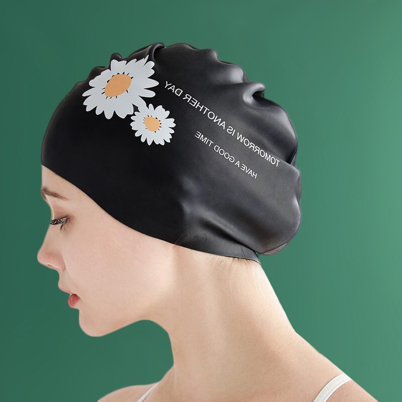 Japan GPins net red small daisy long hair special waterproof ear protector without stranglehead silicone swimming cap woman