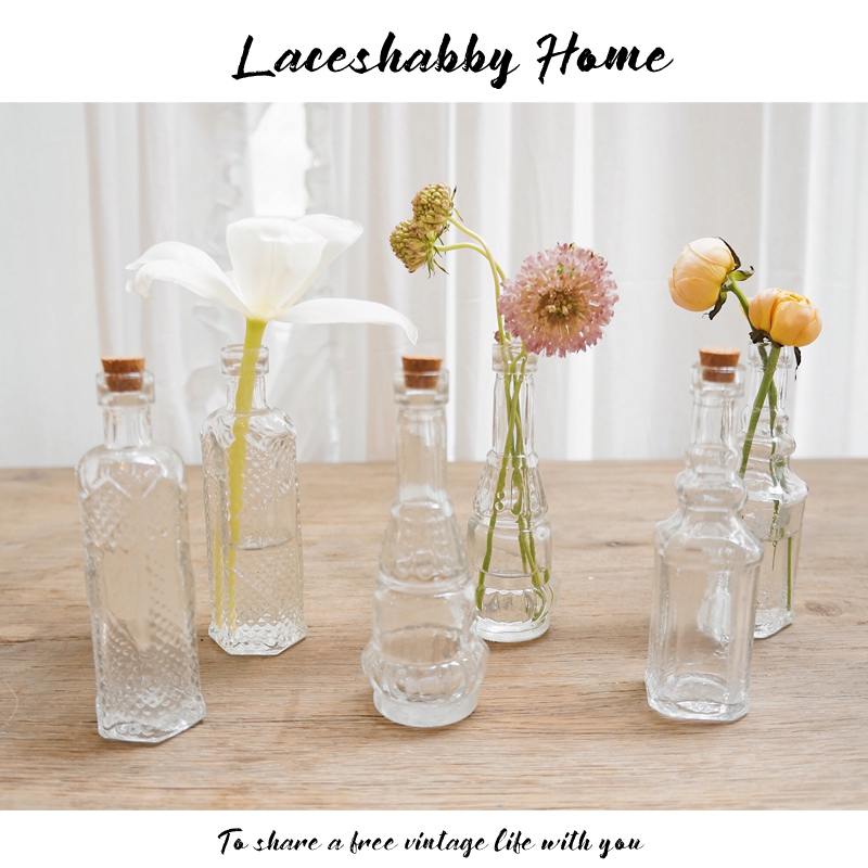 LACESHABBY STYLE RETRO SMALL FRESH LACE Relief Transparent Glass Mini Vase Creative Tabletop Decoration