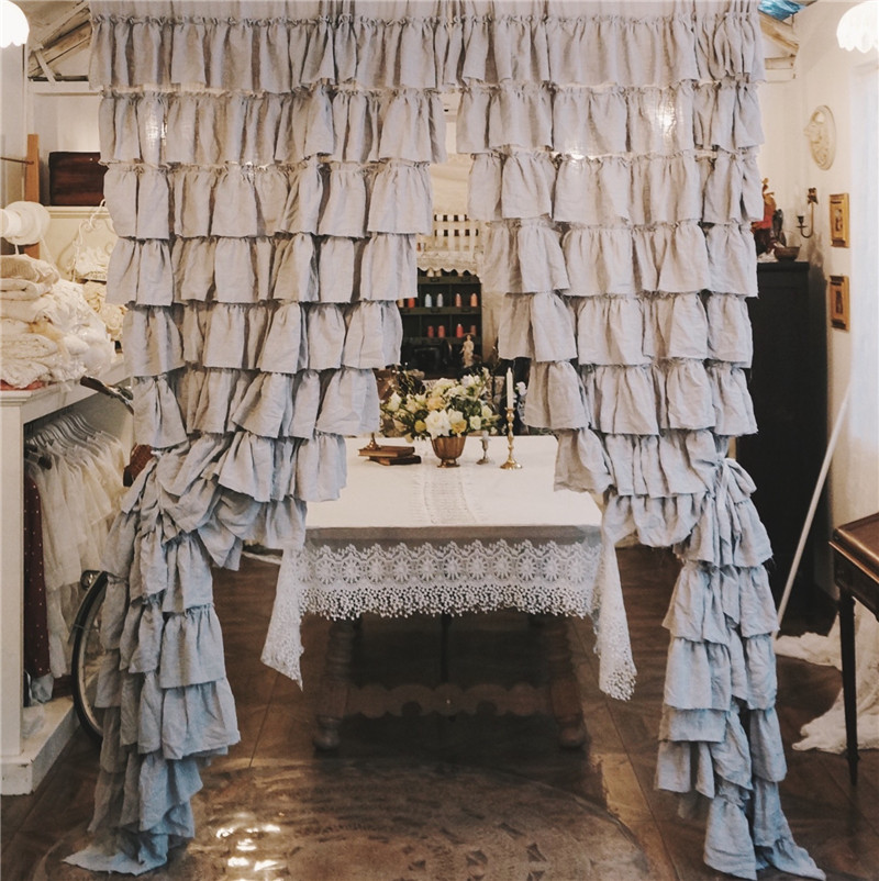 New vintage French gray layer cake lotus leaf side lace shabby original shabby curtain curtain