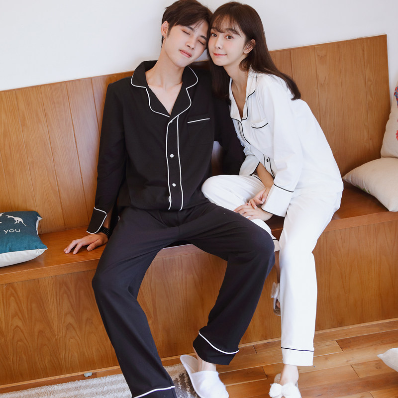 Couple pajamas women's spring autumn winter cotton long-sleeved Korean version loose student black and white thin home clothes men's suit