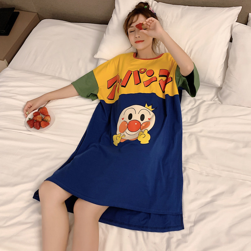 Japanese bread superman nightdress women's summer thin loose cartoon cute short-sleeved cotton pajamas home clothes