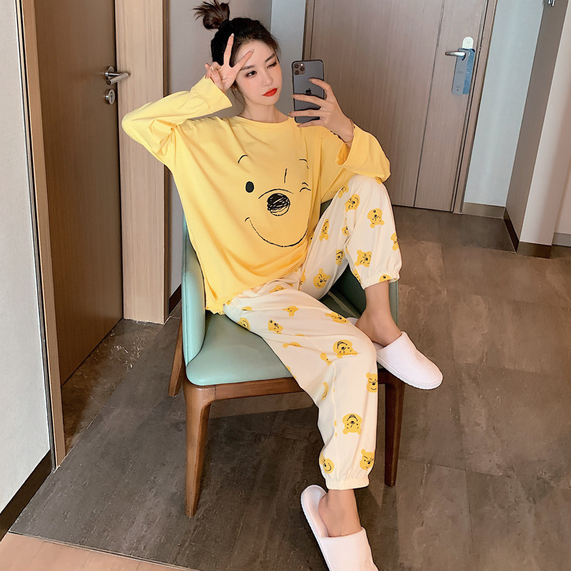 Bear pajamas women's spring, autumn and winter cotton long-sleeved cute cartoon yellow ins2021 new home clothes net red wind
