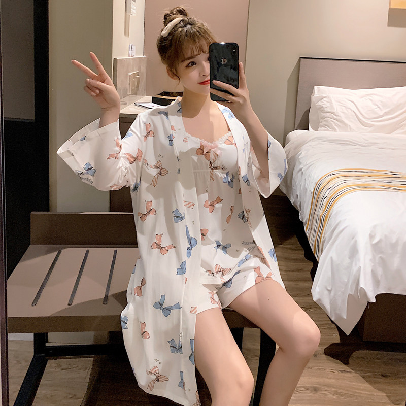 ins pajamas women's spring, summer and autumn three-piece shorts suspenders student white fresh and sweet home clothes with bra pad cover
