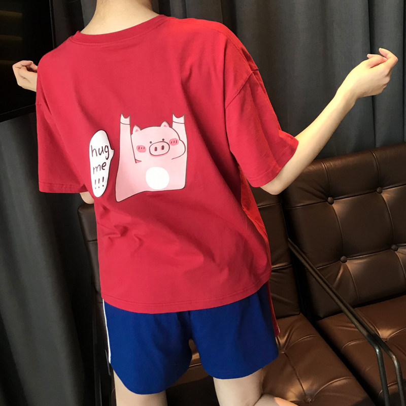 Red letter pajamas women's summer thin cotton casual students sweet and fresh net red popular home clothes suit