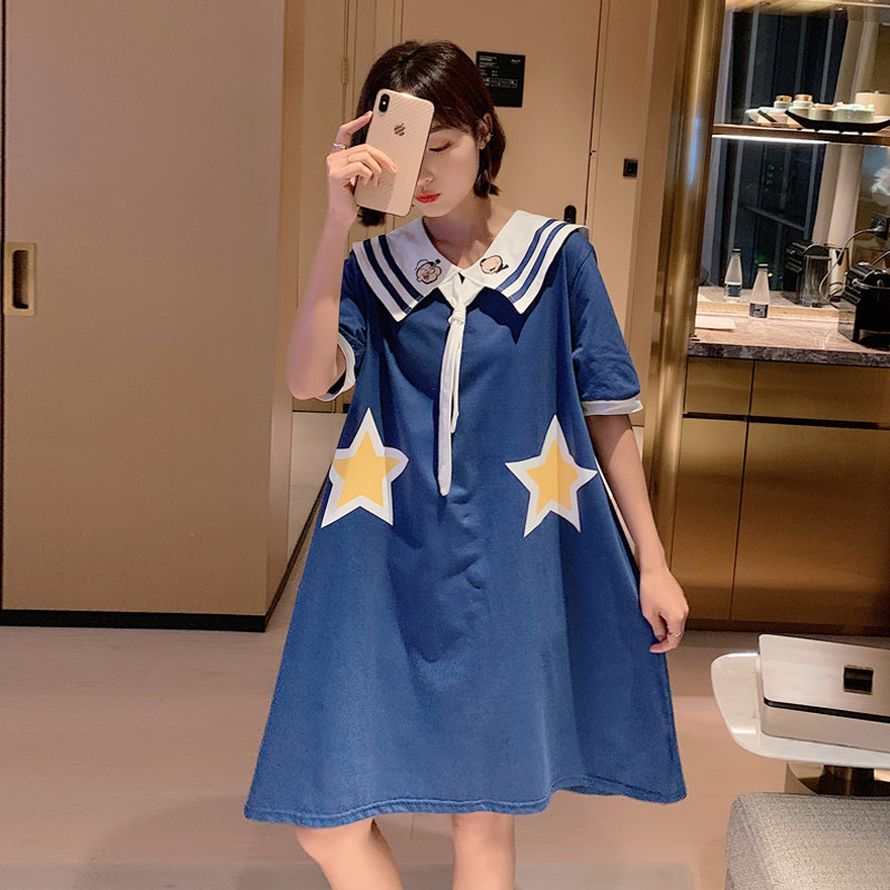 Star Sleeping Dress Summer Pure Cotton Short Sleeves Cute and Fresh Student Han Edition Middle Long Dress Navy Little Dress Home Clothing