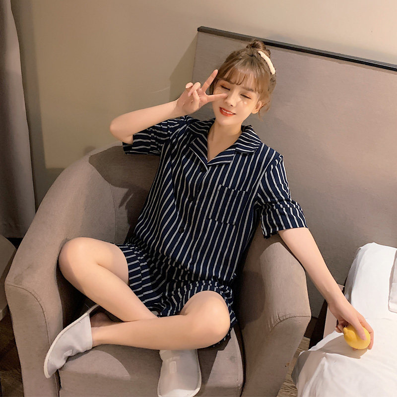 Japanese striped simple pajamas women's summer cotton short-sleeved cardigan jacket girls loose can be worn outside the two-piece suit