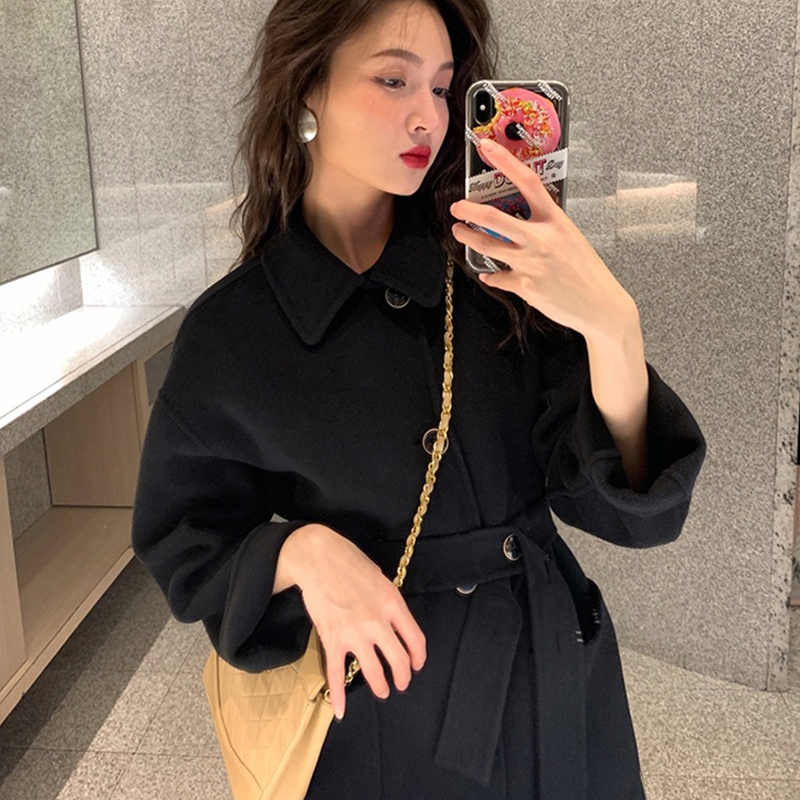 Black double-sided cashmere coat women 2021 autumn and winter loose slim large size Hepburn wind long woolen coat
