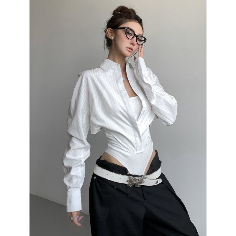 White Top with a Unique Design for Women, Featuring a Faux Two-Piece Long-Sleeve Shirt and Bodysuit, Featuring a Waist-Cinching Slim Fit