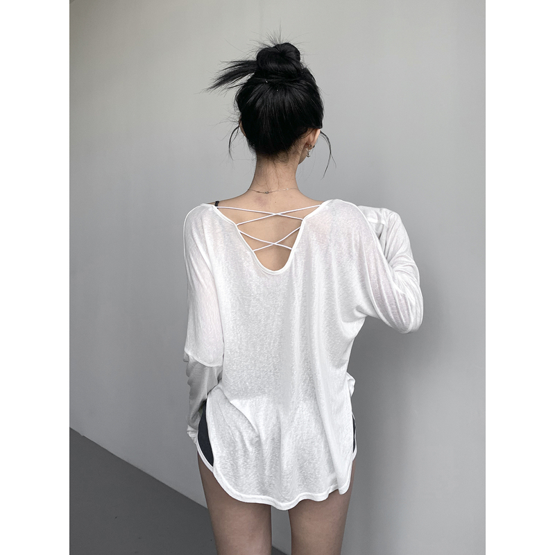 Lazy Style Loose See-Through Sun Protection Shirt for Women 2025 Spring and Autumn New Backless Sexy Tie-Up Long-Sleeved T-Shirt Cover-Up Lazy Style Loose See-Through Sun Protection Shirt for Women 2025 Spring and Autumn New Backless Sexy Tie-Up Long-Sleeved T-Shirt Cover-Up