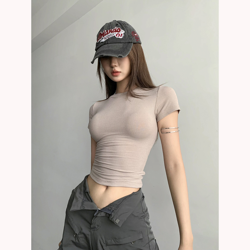 Skims European and American Sexy Figure-Flattering Kardashian-Style Stretchy Tight-Fitting Round-Neck Short-Sleeve T-Shirt for Spring and Autumn, Slimming Base Top